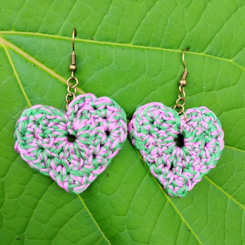 Green & Purple Handmade Crochet Heart Earrings